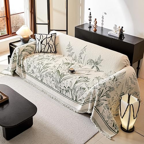 Miniatura 9 de DREAMINGO Funda floral para sofá de 2 cojines, funda de felpa gruesa de 71 x 118 pulgadas, funda de sofá jacquard vintage con borlas para sala de