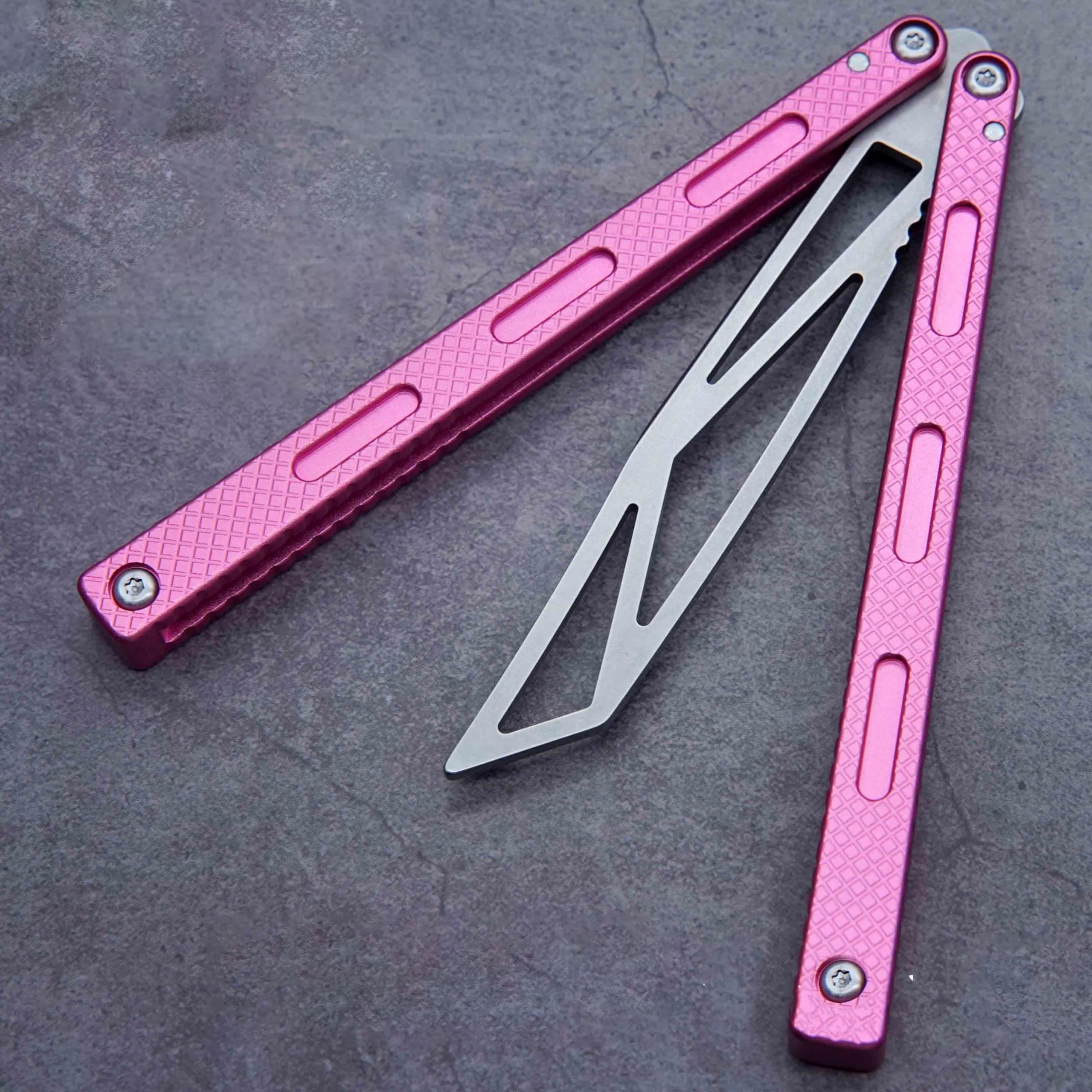 Apocalypse Prysma Balisong Trainer Clone 7075 Aluminum Channel Handles Traditional Bushing Pivots EDC Hand Tool (Pink)
