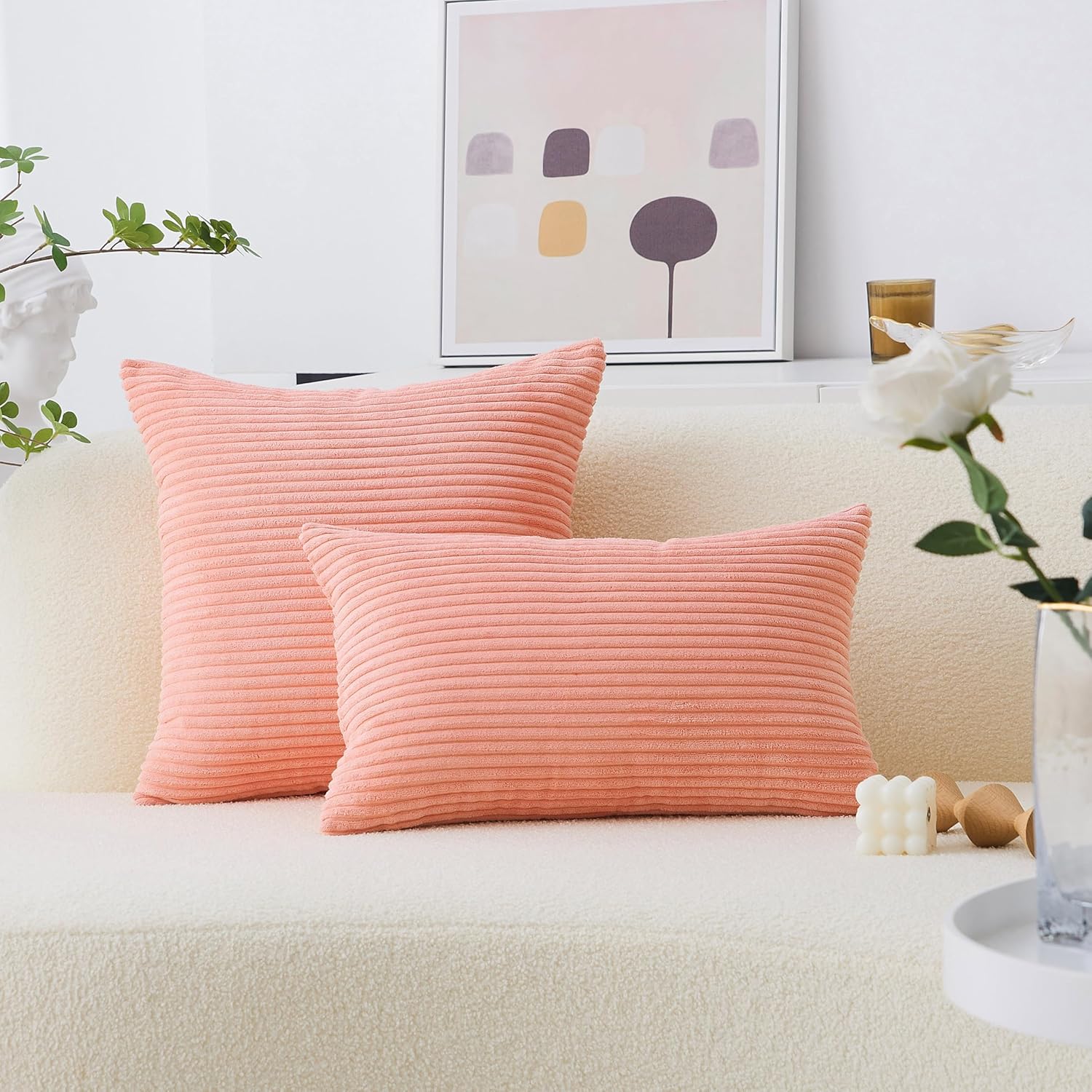 Home Brilliant Pink Throw Pillow for Couch Pillow Cover 18x18 Striped Velvet Corduroy Pillow Cover for Holiday Party, 18 x 18 inch, Coral - Image 5