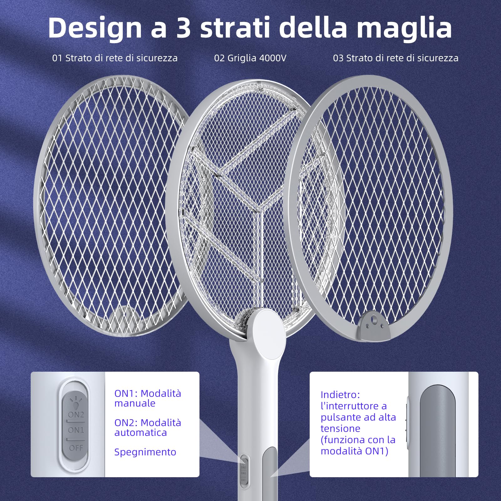 PALONE Racchetta Zanzare Elettrica, Ricaricabile 4000V Racchetta Zanzare Elettrico con USB C, Protezione Maglia a 3 Strati, Antizanzare per Casa Campeggio Interni ed Esterni