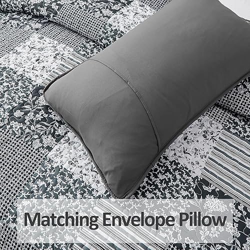 Miniatura 7 de Mybedsoul - Juego de edredón floral a cuadros color negro y gris de 3 piezas tamaño California King, ropa de cama reversible bohemia para todas las