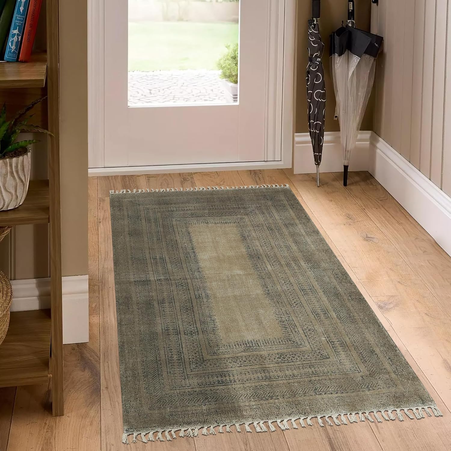 Kilim Area Rug 3x5 Black Abstract Design Hand Block Printed Cotton Dhurrie Hand Surface Wash 0.19" Thick Handmade Boho Indoor Outdoor Use Flatweave Rugs for Kitchen,Enterway,Yoga