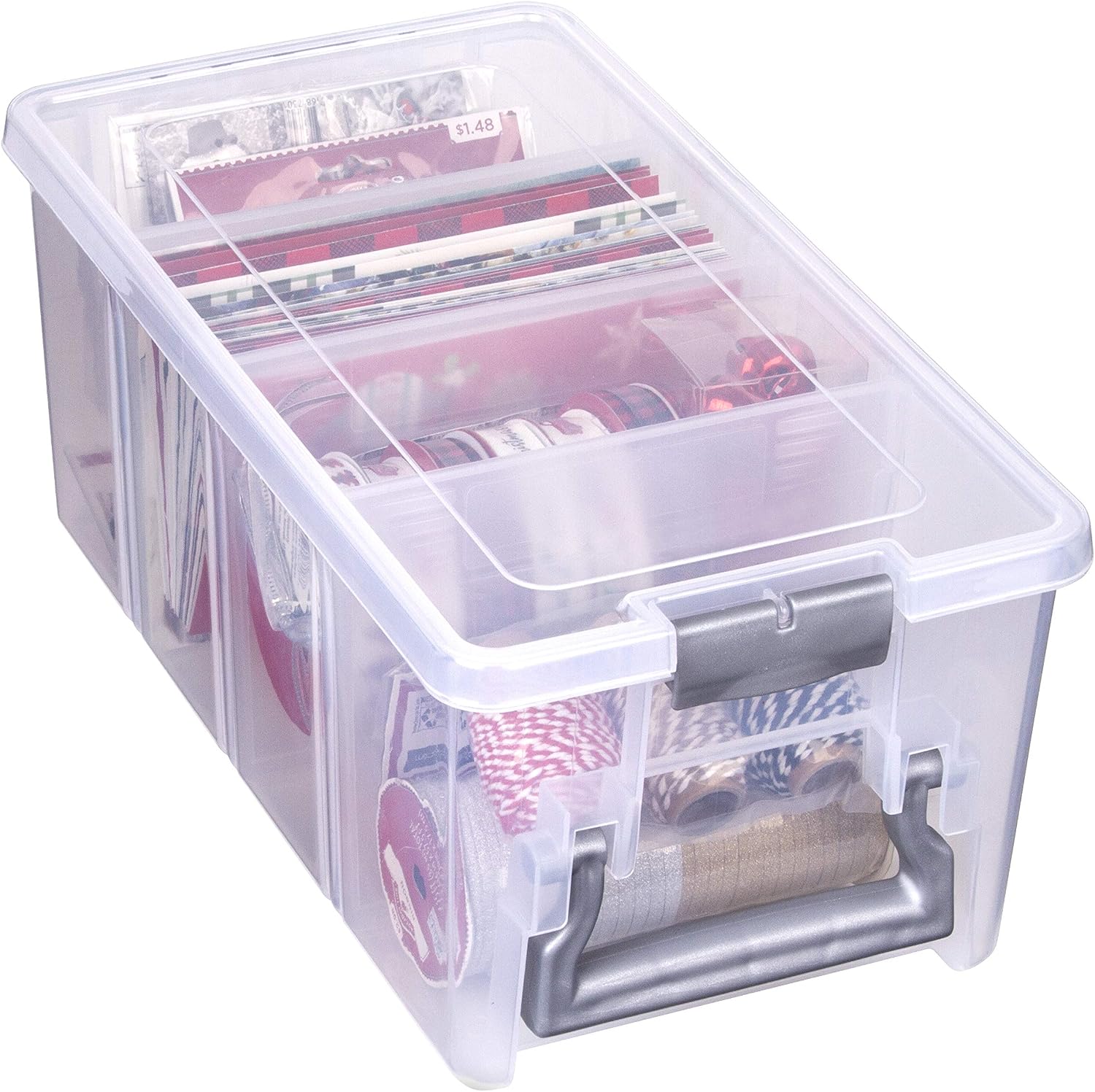 AB Designs 6925ABD Semi Satchel with Removable Dividers, Stackable Home Storage Organization Container, Clear with Sliver Latches and Handle