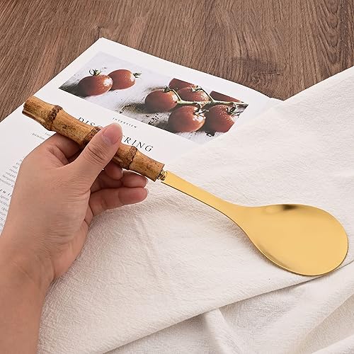 Miniatura 4 de Juego de 6 cucharas de servir con mango de bambú natural, de acero inoxidable, de gran tamaño, para cenas y banquetes, de 10.0 pulgadas, cucharadas