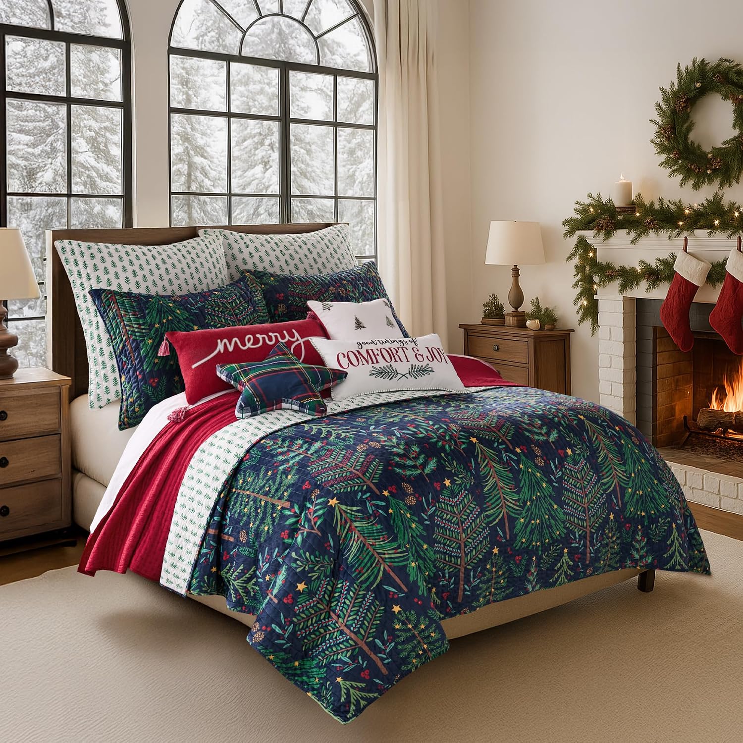 Levtex Home - Woodsy Wonder Sham - Standard (20x26 in.) - Printed Velvet - Forest Trees - Quilted