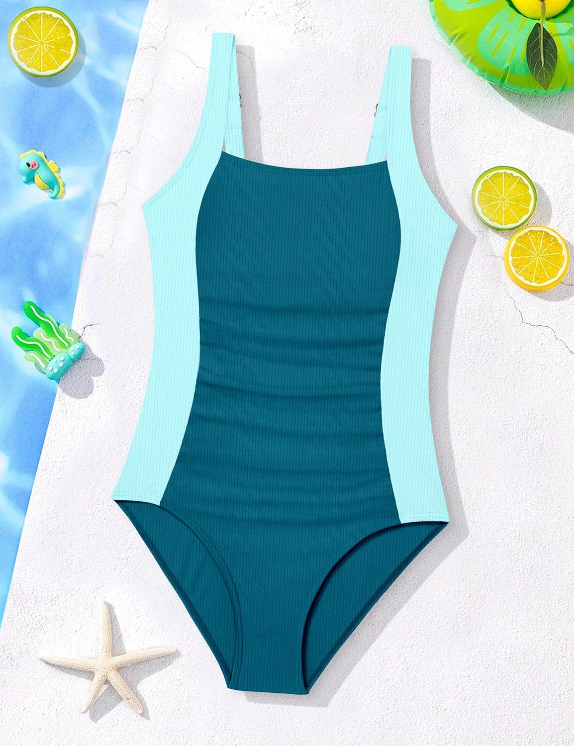 Girls Swimsuit One Piece Swimsuits Ribbed Bathing Suit for Girls Color Block Ruched Adjustable Strap Pad Swimwear - Image 6