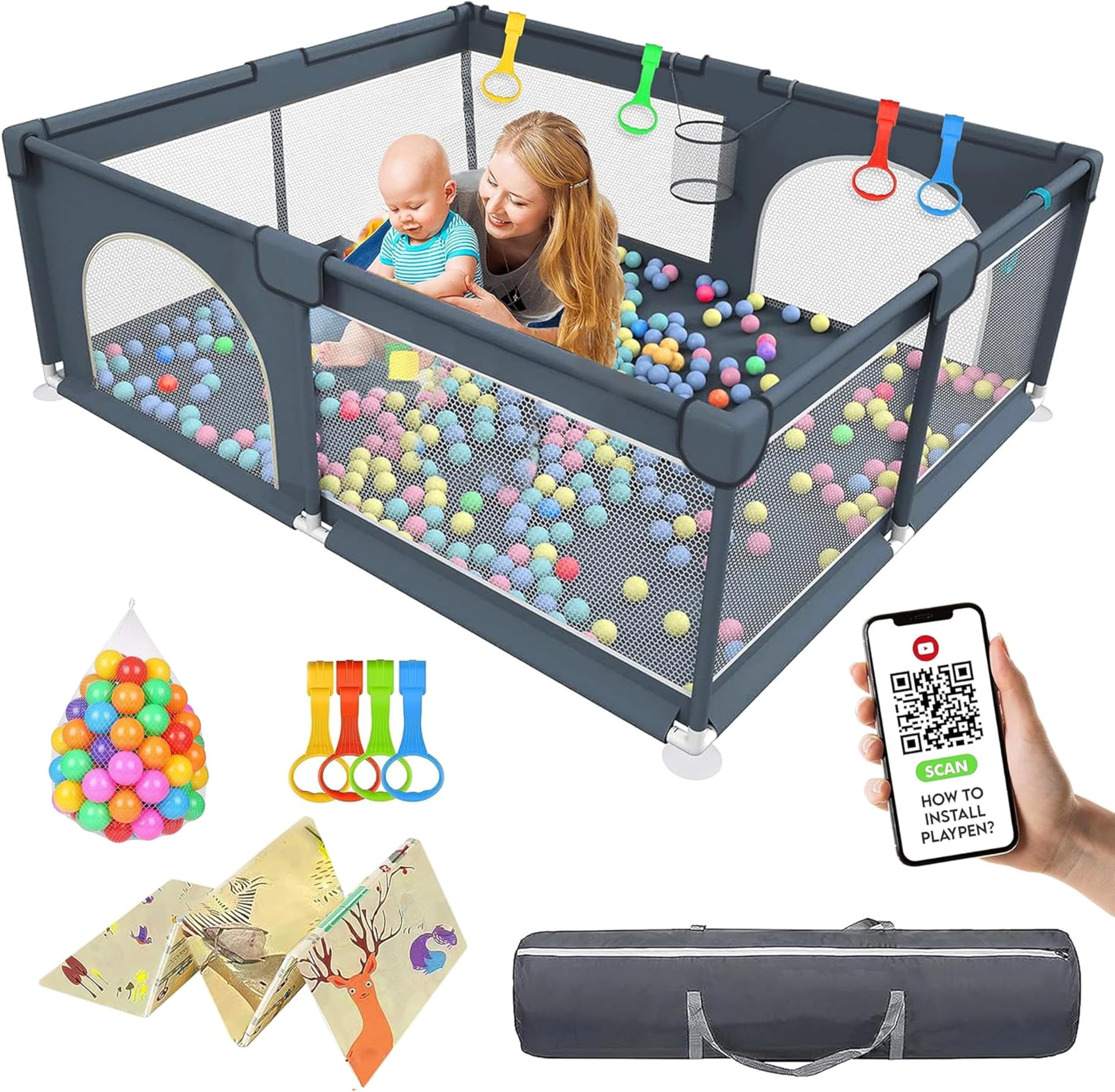 RFAQK Baby Playpen with Mat for Babies and Toddlers, Extra Large 127*127cm Baby Fence with 4 Handle Loops, 2 Zipper Doors, Strong Suction Cups, Play Yard with Soft Breathable Mesh, Packable & Portable