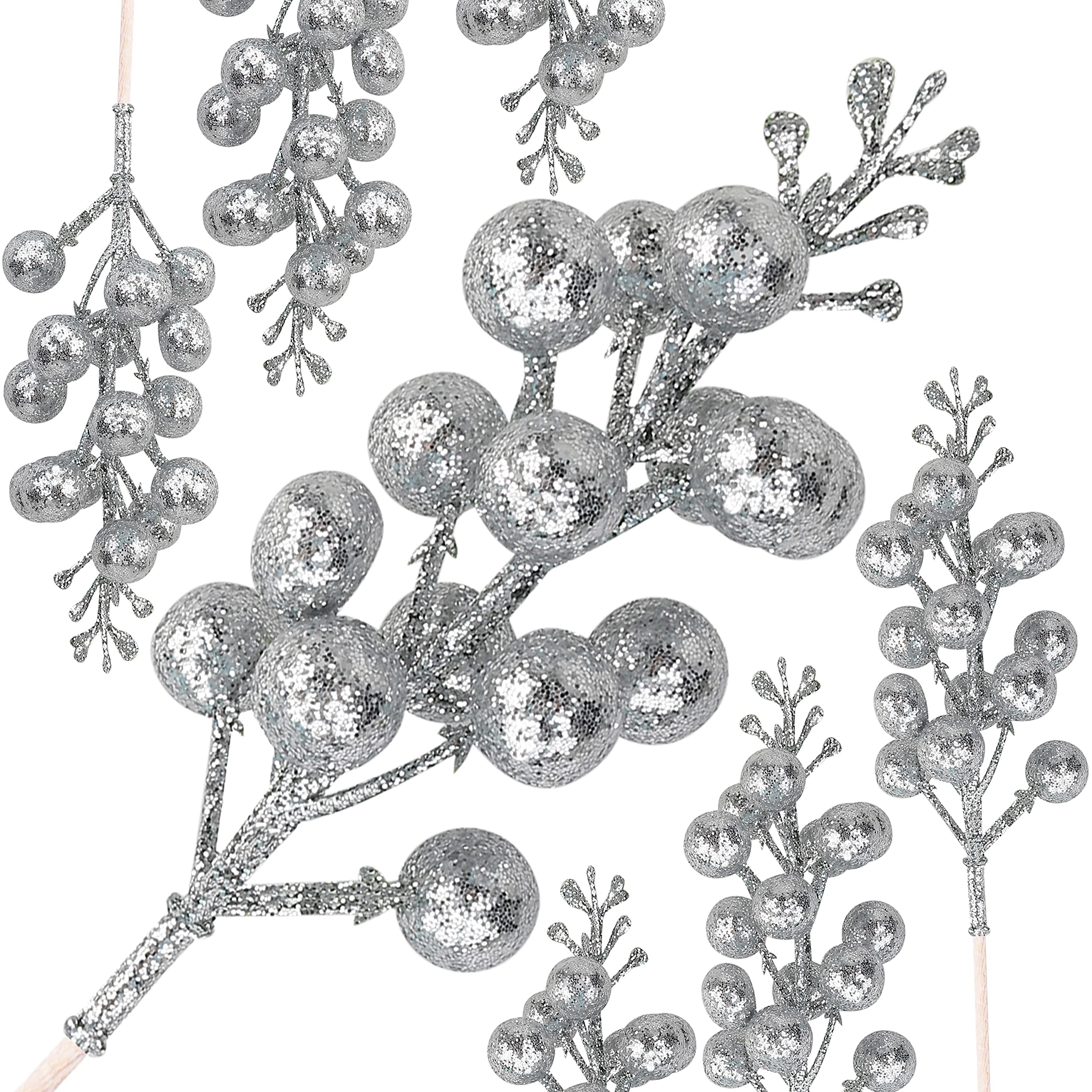 Christmas Berries,Glitter Artificial Silver Berry Stems 24 pcs,Christmas Picks Decoration Red Berries For Christmas Tree,DIY Garlands,Rattans,Wedding,Party Holiday Crafts Decor