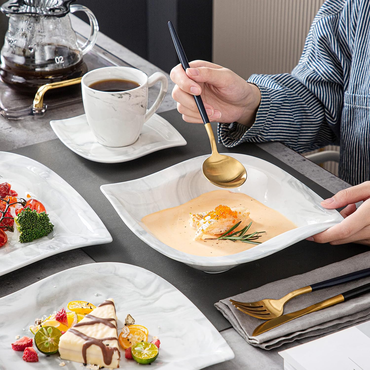 MALACASA Marble Grey Dinnerware Sets, 30-Piece Porcelain Dinnerware Set, Modern Plates and Bowls Set with Dinner Plate, Dessert Plate and Salad Pasta Bowl, Cup and Saucer, Service for 6, Series Elvira - Image 5
