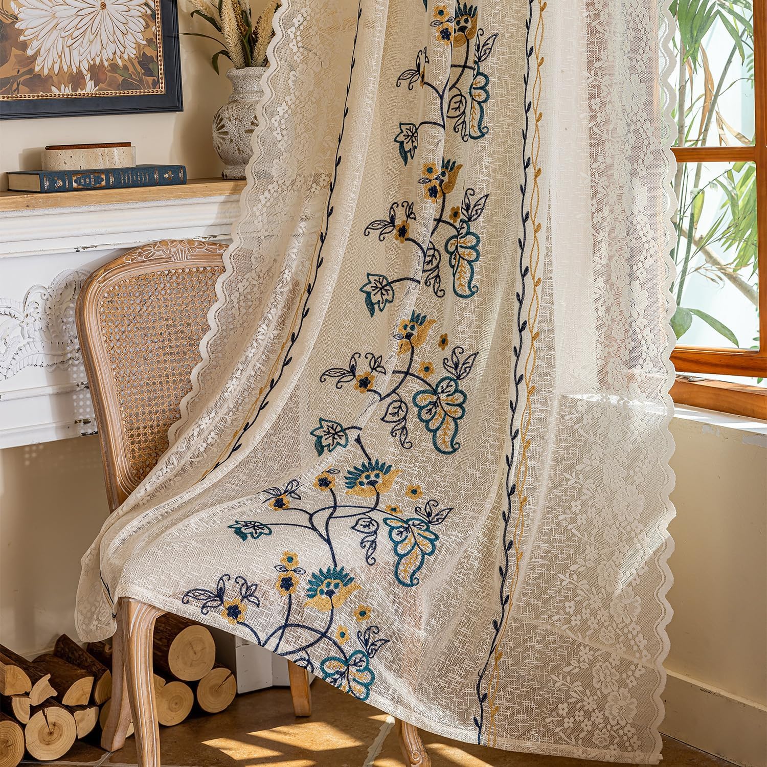 vctops Lace Window Curtain Farmhouse Rustic Floral Embroidered Sheer Curtain Rod Pocket Light Filtering Window Treatment Drapes for Bedroom Living Room Decor, 1 Panel (Floral, 55"x88")
