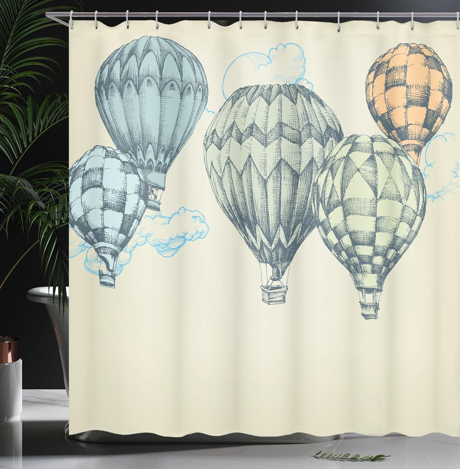 Ambesonne Vintage Shower Curtain, Hot Air Balloons in Soft Tones Fly in The Sky Air High Tourism Design Print, Cloth Fabric Bathroom Decor Set with Hooks, 69" W x 75" L, Green Blue