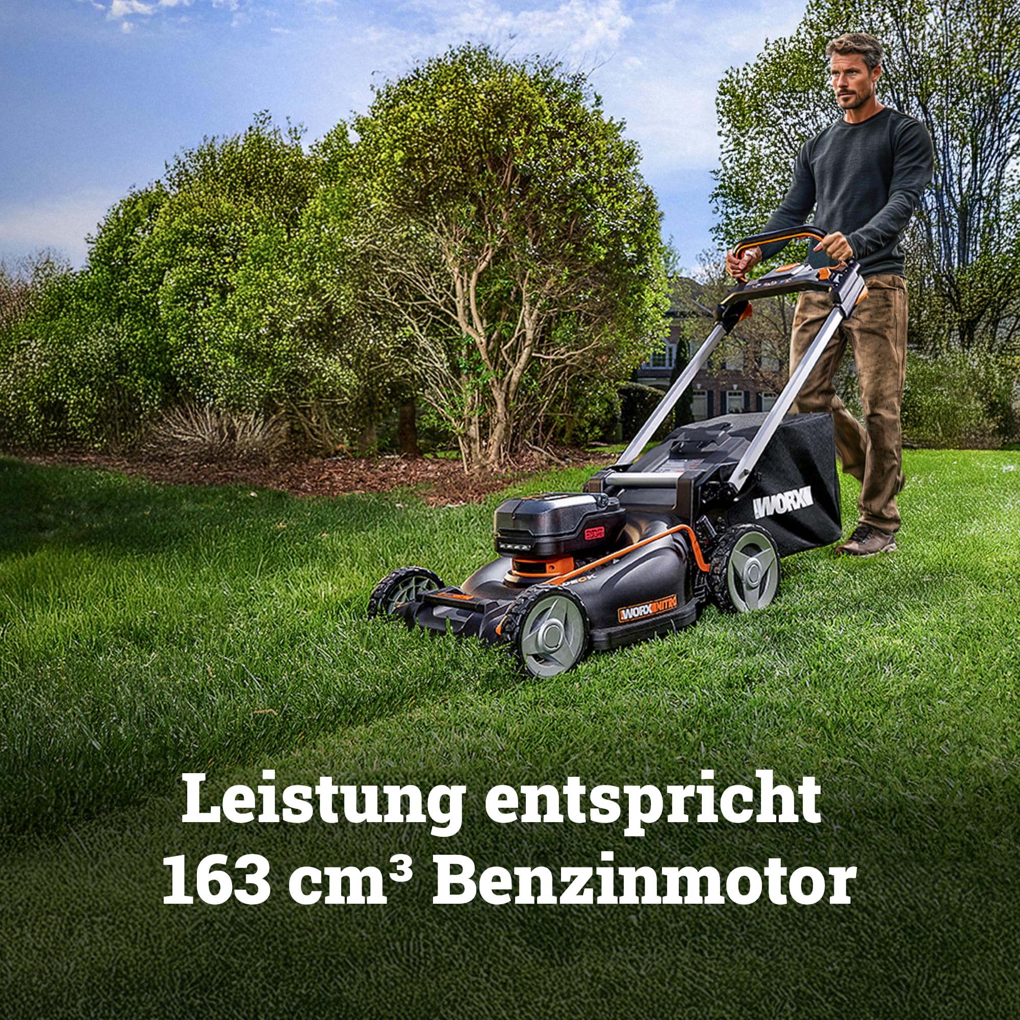WORX WG760E 40V Akku-Rasenmäher 51cm, bis max.600 m², bürstenloser Motor, 80L Fangkorb, 7-fache Schnitthöhe, Selbstantrieb, IntelliCut & 3-in-1 Funktion, inkl. 2X 5.0Ah Akkus & Dual-Ladestation