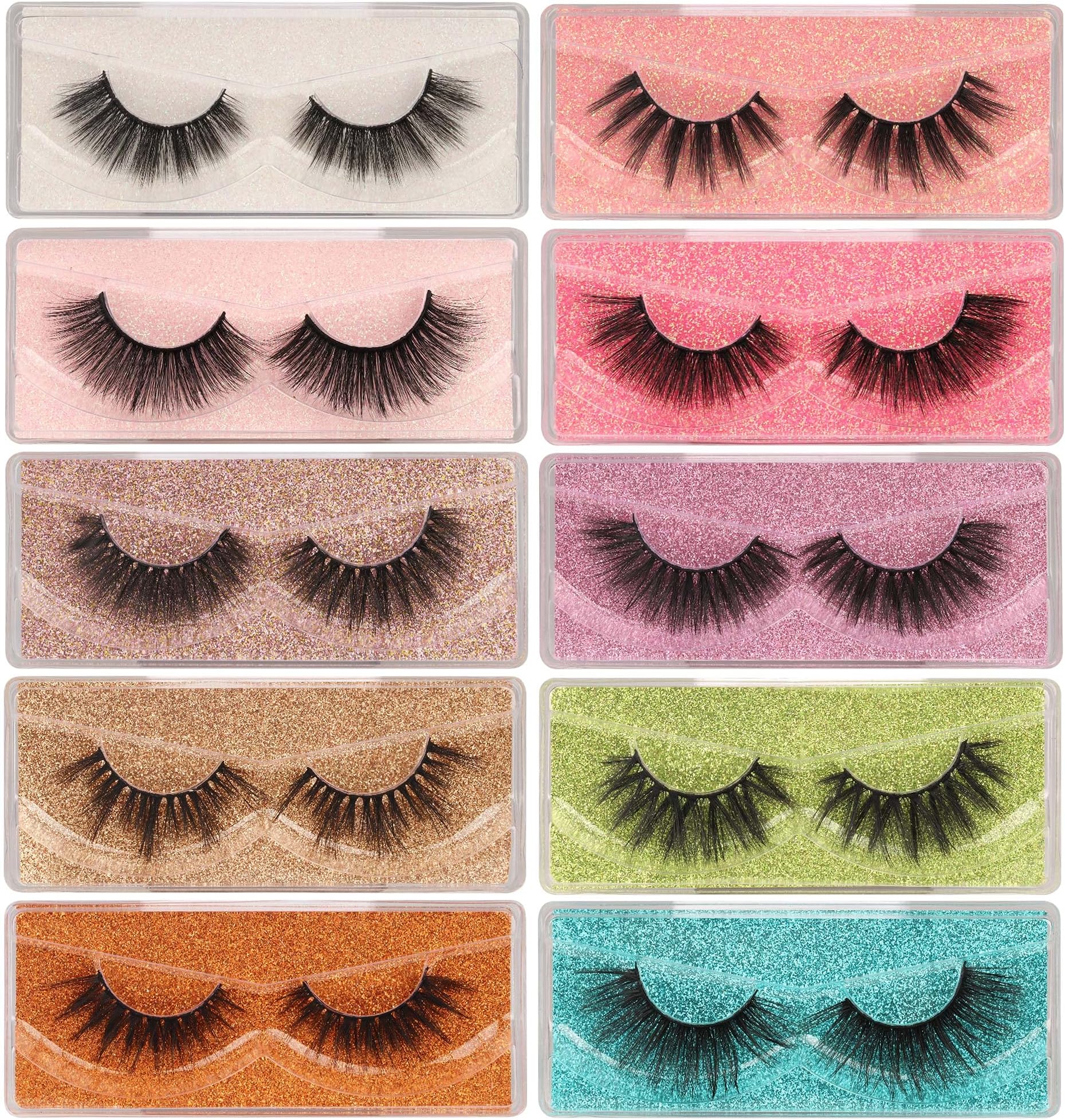False Eyelashes 3D Faux Mink Lashes Pack 18mm 20mm Dramatic Fluffy Eyelashes 10 Pairs 10 Styles Mixed Thick Volume Soft Reusable Fake Eyelashes Bulk with Glitter Portable Boxes