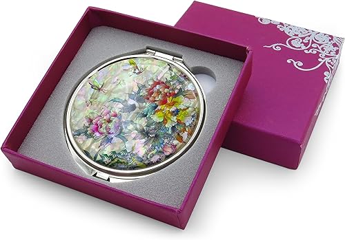 Miniatura 5 de MADDesign - Espejo de maquillaje compacto de madDesign con diseño de nácar y aumentar las flores de mariposa, rosa y amarillo
