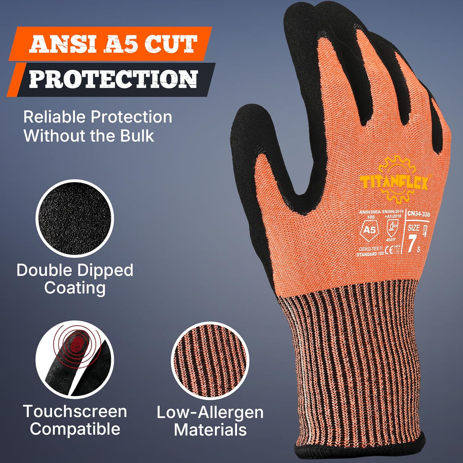 TitanFlex Cut Resistant Gloves ANSI A5, Work Gloves with Sandy Nitrile Grip,Orange
