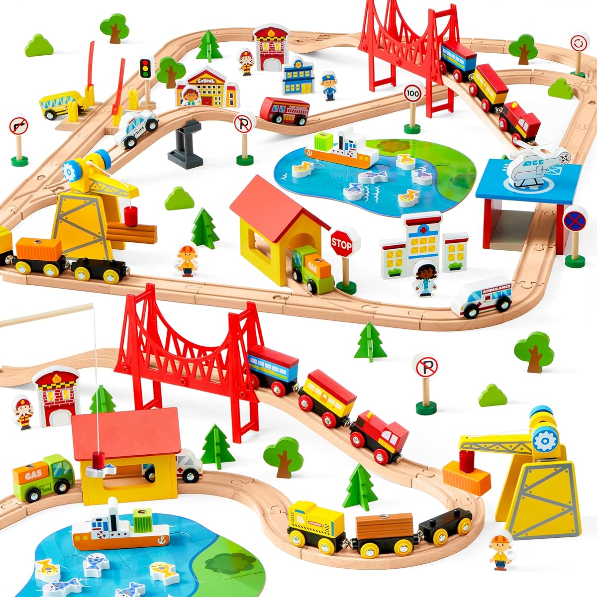 110PCS Wooden Train Set - Toy Magnetic Trains with Wooden Track Set for Kids Ages 3-8, City Scene Railway Set, Perfect Christmas Birthday Gift for Grandkids Toddlers Boys Girls