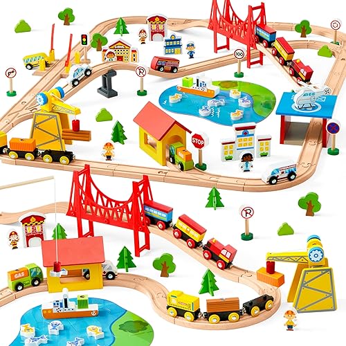 Juego de tren de madera de 110 piezas, trenes magnéticos de juguete con pista de madera para niños de 3 a 8 años, juego de ferrocarril de escena de