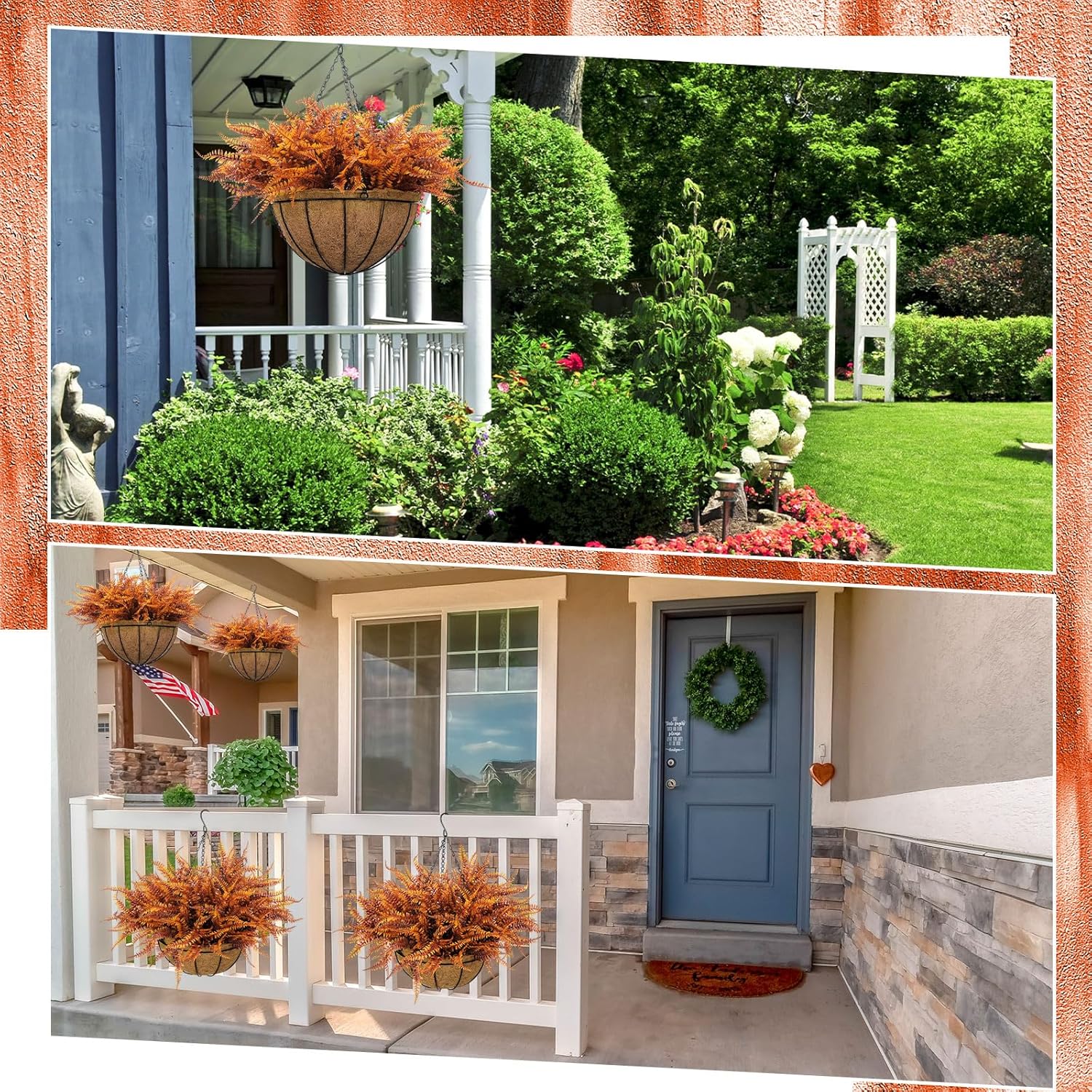 Fall Hanging Basket Artificial Boston Ferns Fall Porch Decor Outdoor Artificial Flowers 8 Bundle Faux Fern Plant Fake Silk Greenery Flower UV Resistant Realistic Shrub Bushes Autumn Home Table Decor - Image 7