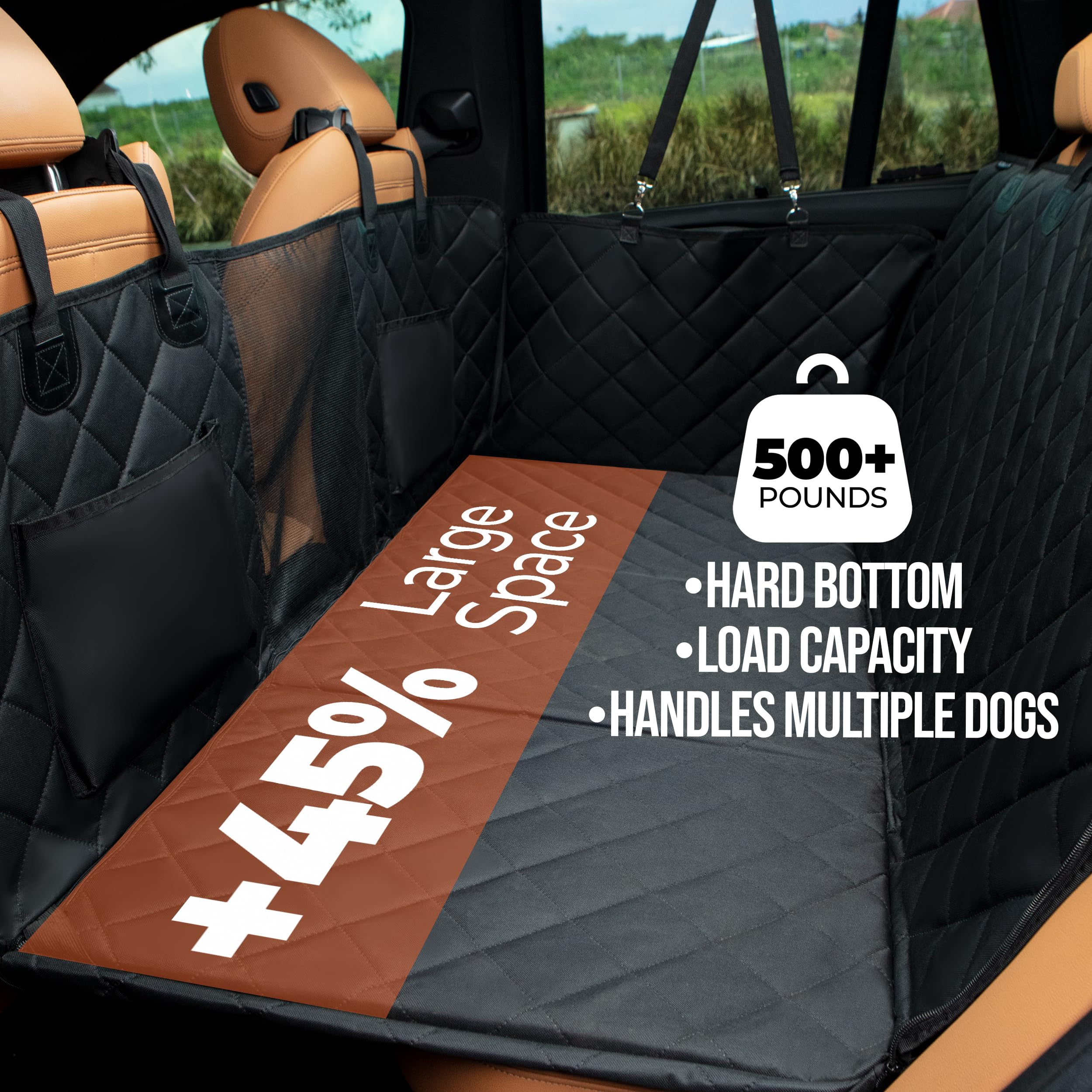 Dog Car Seat Cover for Back Seat, Hard Bottom Holds 500LBS, Back Seat Extender for Dogs for SUV, Car, Dog Seat Cover for Back Seat, Waterproof Backseat Pet Cover for Dogs, Mesh Window, Storage Pockets