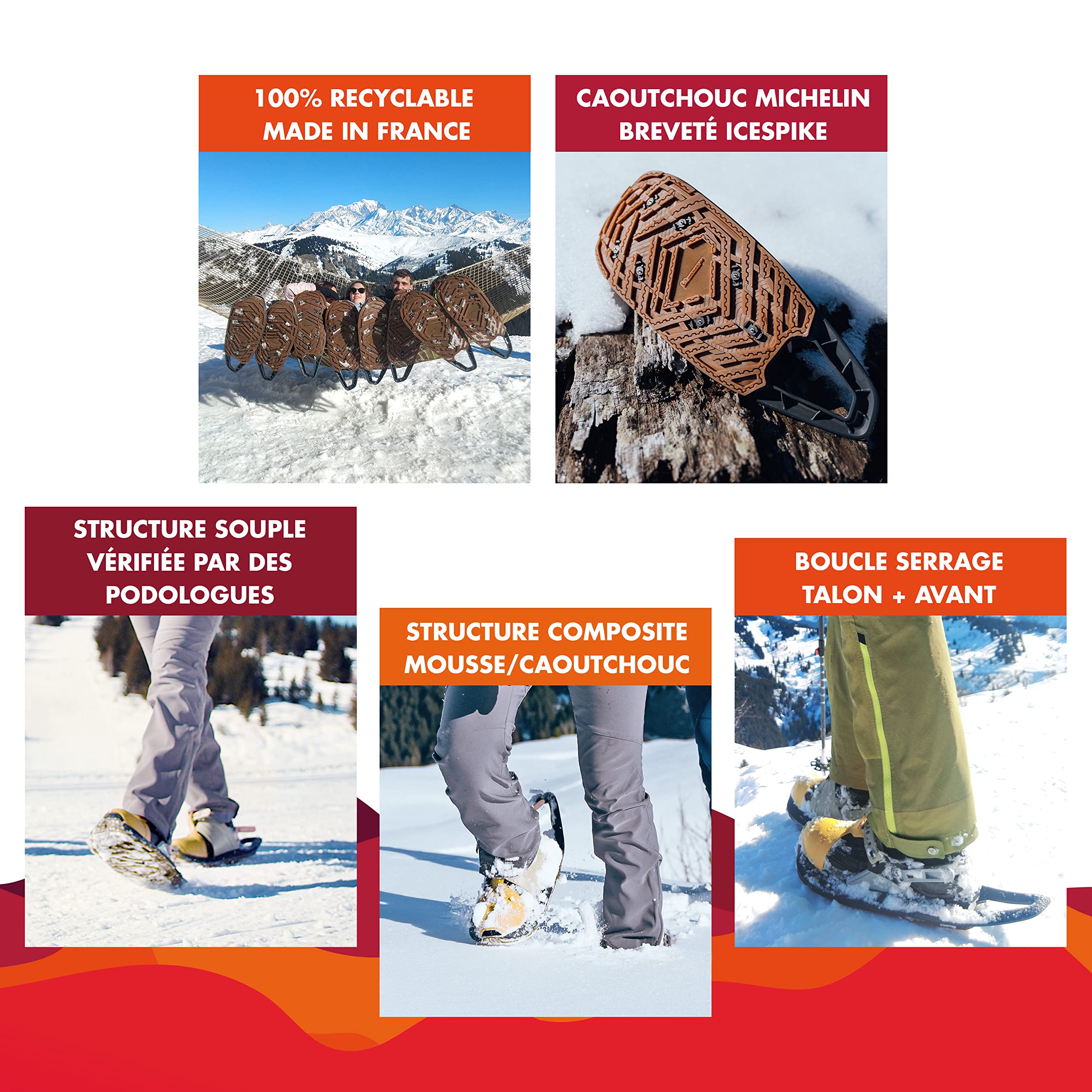 EVVO - TOREE - Raquette à Neige Made in France avec Semelles Biosourced90® Cloutées Michelin®, Fixations Réglables, pour Homme et Femme avec Sac de Transport Inclus, Tout Terrain, Randonnée Neige