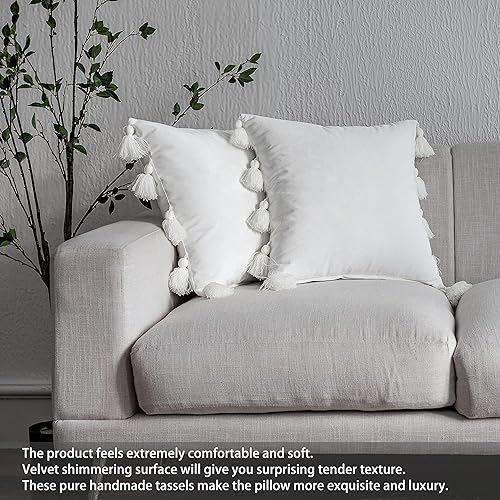 Miniatura 4 de DriftAway Fundas de almohada bohemias modernas, rústicas, decorativas para el hogar, con borlas de terciopelo para cama, sofá o banco, 2 piezas de