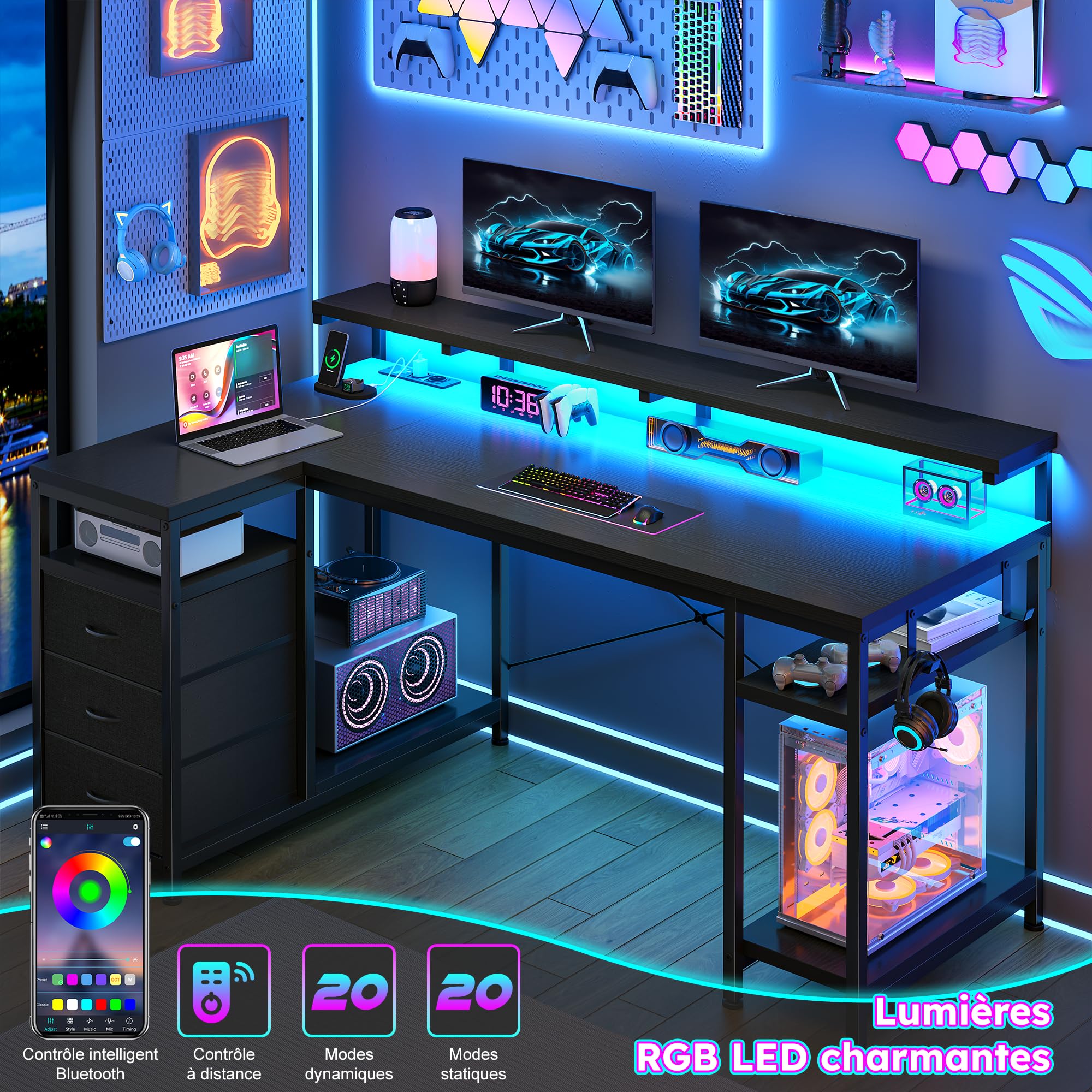 160x80cm Forme L Bureau Gaming avec Rangement 3 Tiroirs,Support de moniteu,LED,Prise USB intégrée et Prise de Courant,Réversible Bureau avec Crochet pour Casque pour Homeoffice und Gaming,Noir