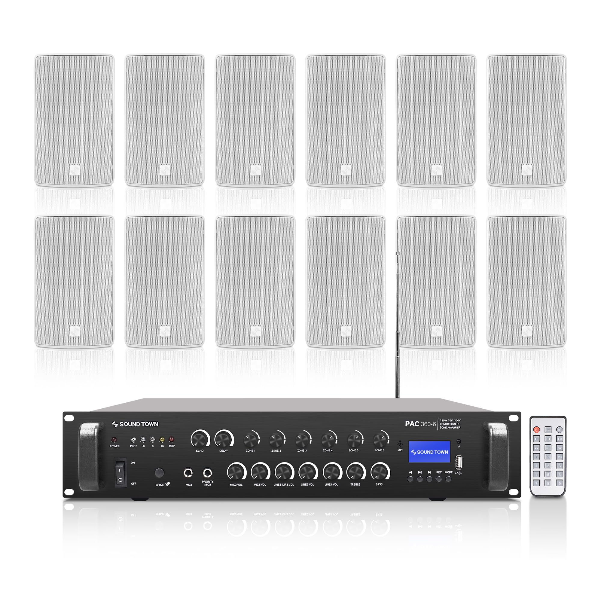 Sound Town Commercial Restaurant Bluetooth Amplifier + Surface-Mount Speaker Set, with One 6-Zone 70V/100V Amplifier with Bluetooth, 12 x 6.5-Inch Surface-Mount Speakers, White (PAC360X12TV6W)