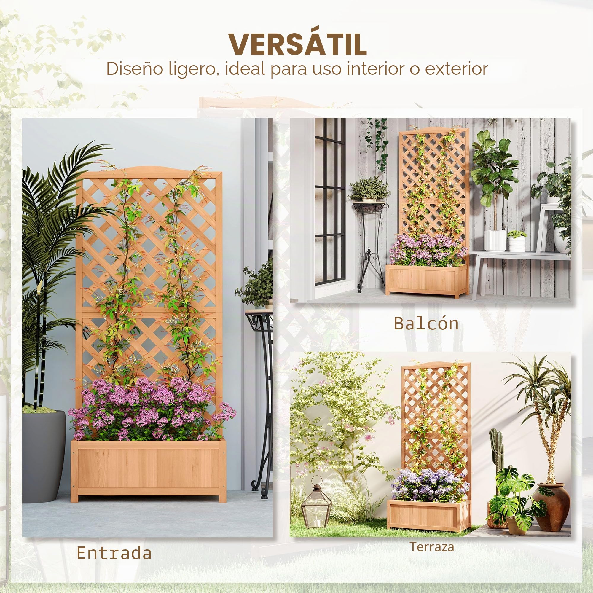 Outsunny Cama de jardín elevada con Rejilla, Jardinera de Exterior con Enrejado de Madera de Abeto para Plantas trepadoras, para Flores y Verduras, para jardín y balcón, 76x36x170 cm, Marrón