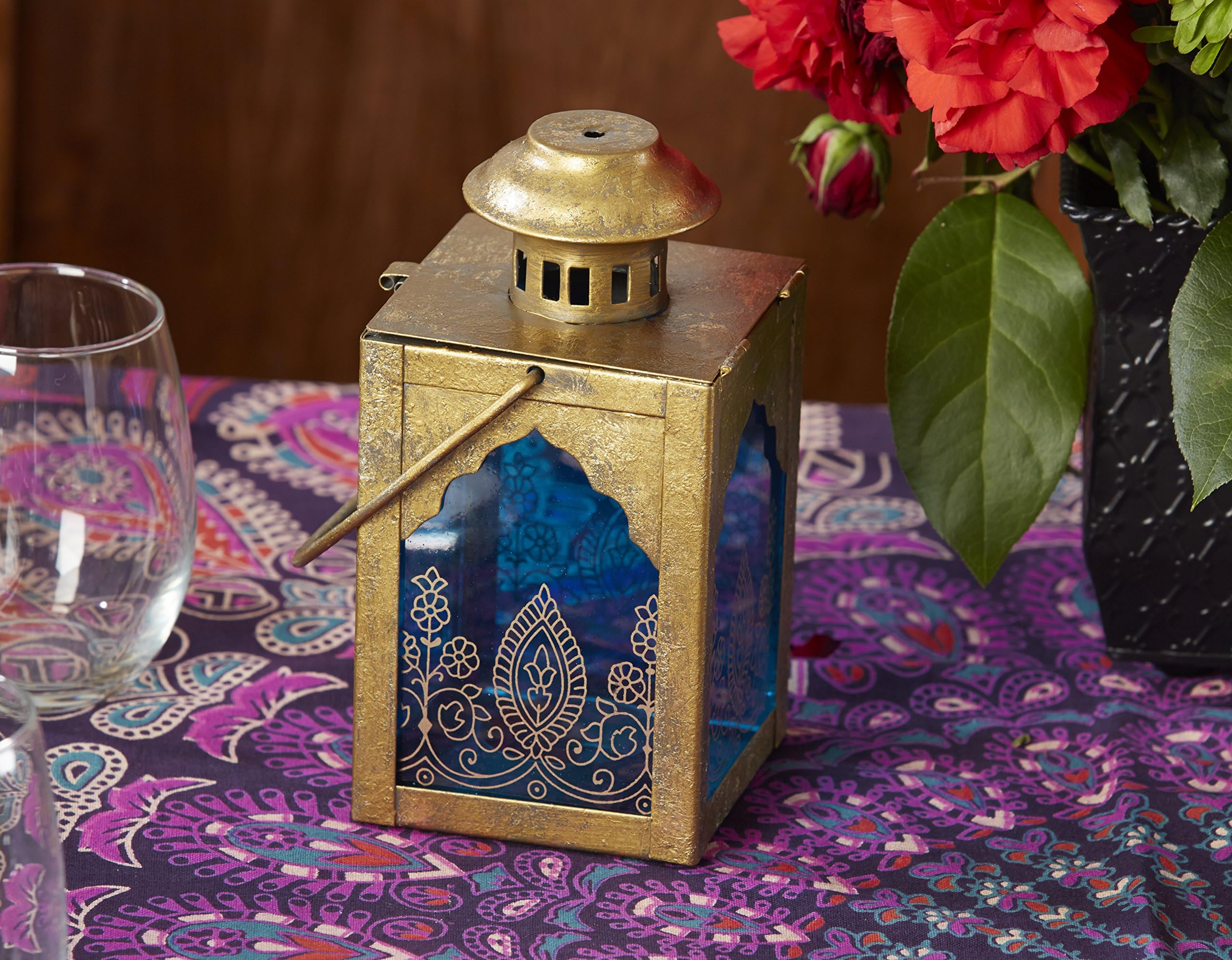 Kate Aspen Indian Jewel Table Lantern, Wedding Decorations, Party Favor, Tea Light Holder, Gold/Blue