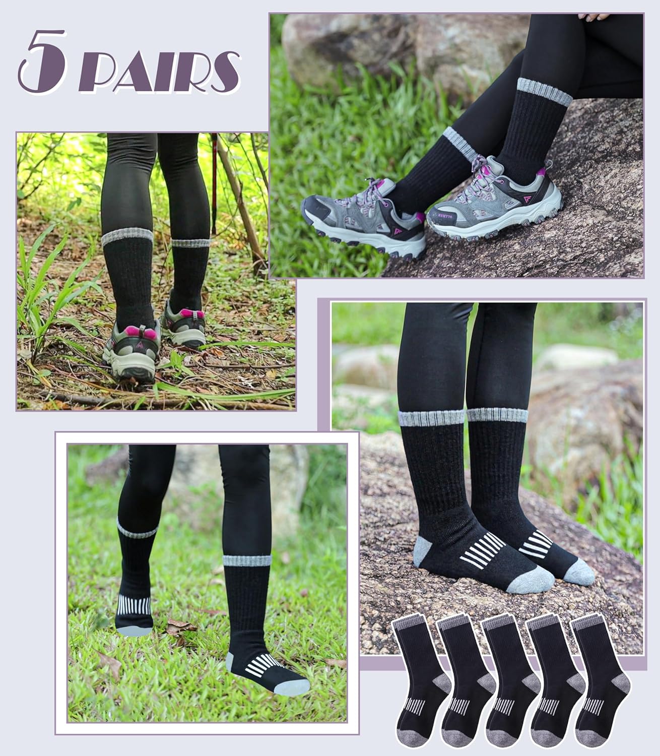 DYW Womens Merino Wool Hiking Socks Thermal Warm Winter Boot Crew Socks Cushion Work Walking Gift Socks 5 Pairs - Image 5