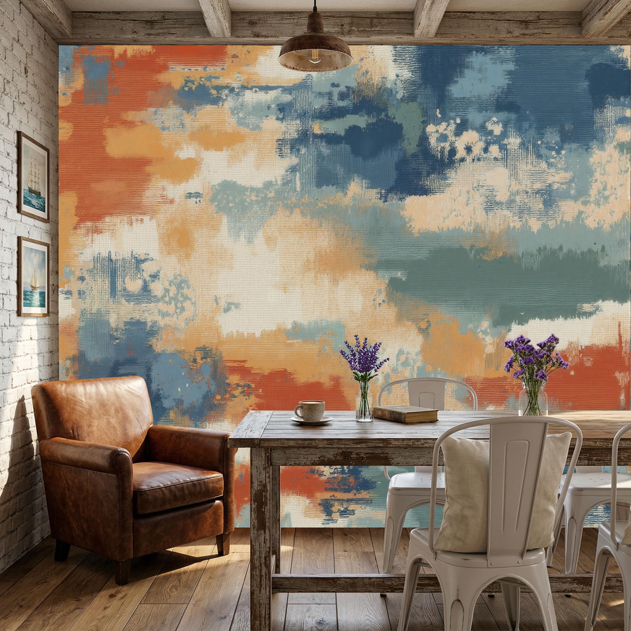 Papier peint intissé peinture abstraite bleu orange rouille 250x175cm fresque murale grand format