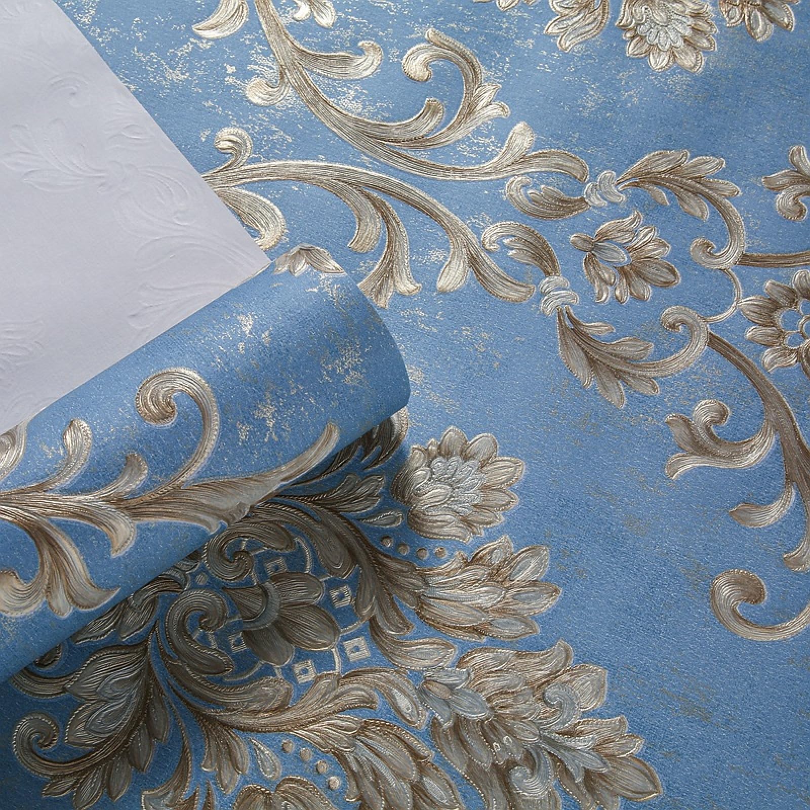 Papel Pintado Azul Oscuro 3D con Relieve Europeo para Dormitorio, Sala de Estar, Hotel, Papel Pintado con Flores Grandes, no Autoadhesivo