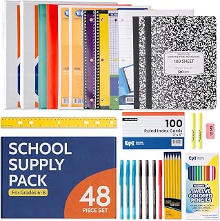 EPI Essentials Bulk Back to School Supplies for Kids – 6th to 8th Grade – 48 Items in Kit – Middle School Supply Packs – Wide-Ruled Bundle with Composition Notebooks – Suitable for Homeschooling