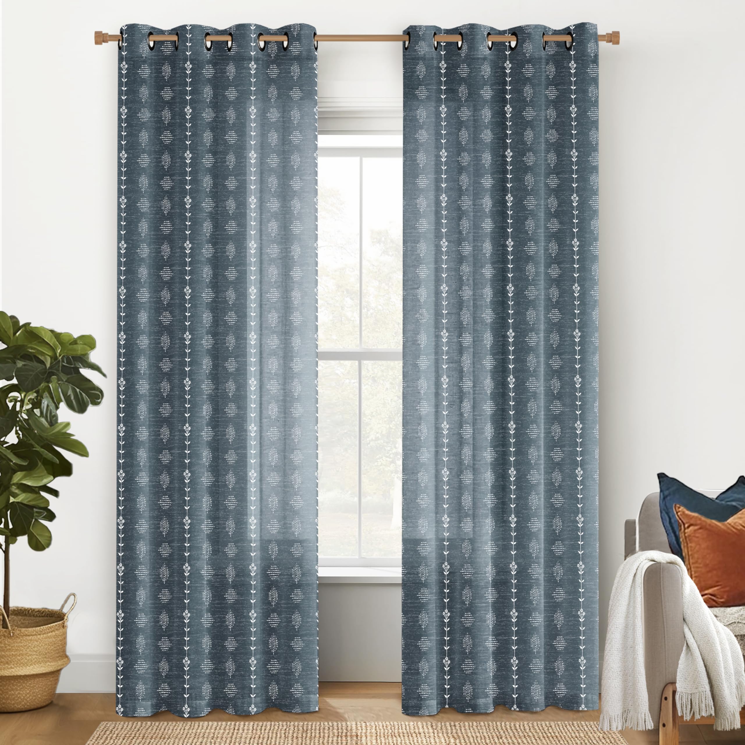 Dark Navy Blue Curtains 84 Inch Length for Living Room,Sheer Linen Cream and Dusty Stone Blue Floral Western Rustic Boho Farmhouse Country Ethnic Navajo Vintage Curtains for Bedroom