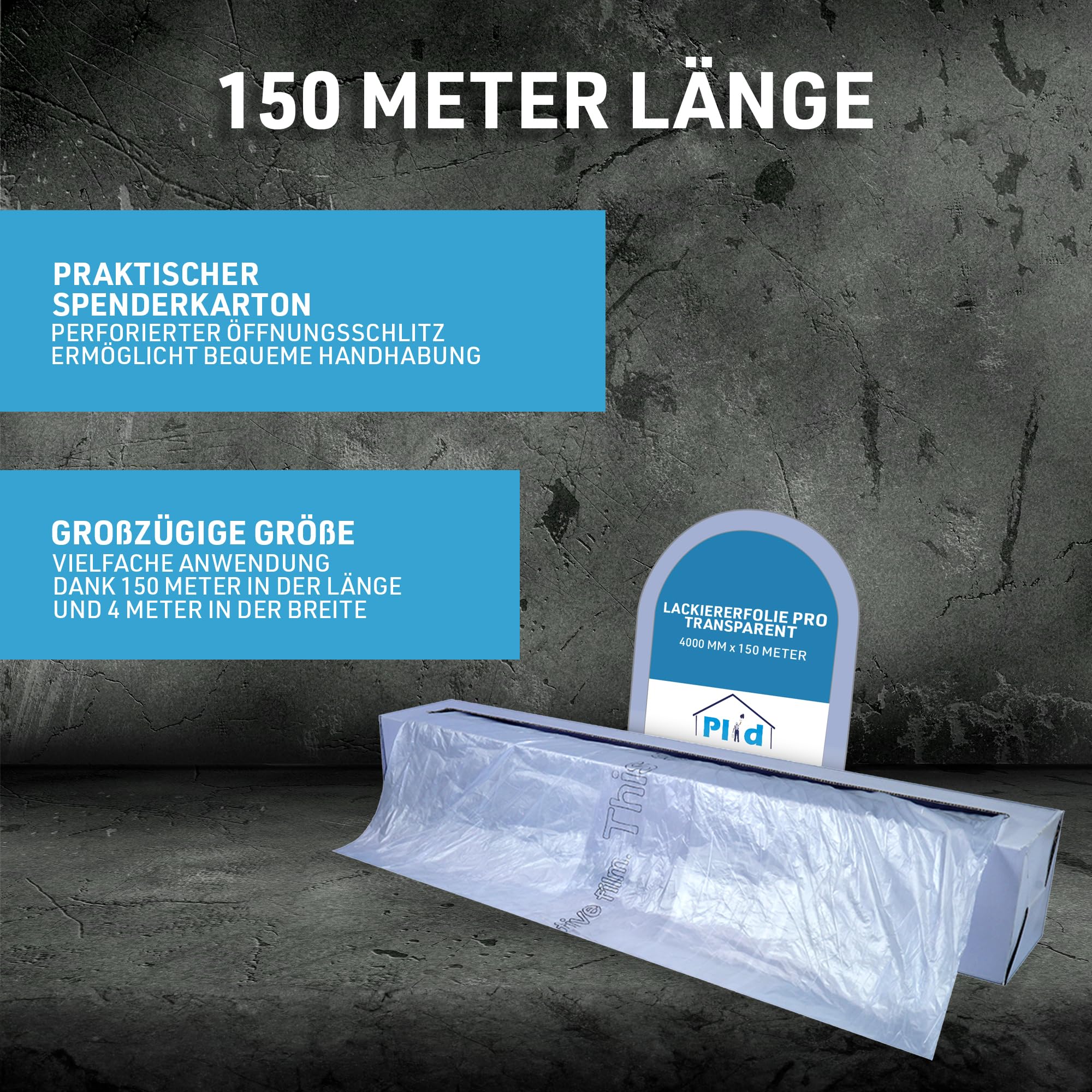 Plid® Lackiererfolie PRO 4m x 150m Transparent Schutzfolie | Abdeckfolie, Karosserieschutz, Undurchlässig, Einfache Anwendung, Starke Haftung