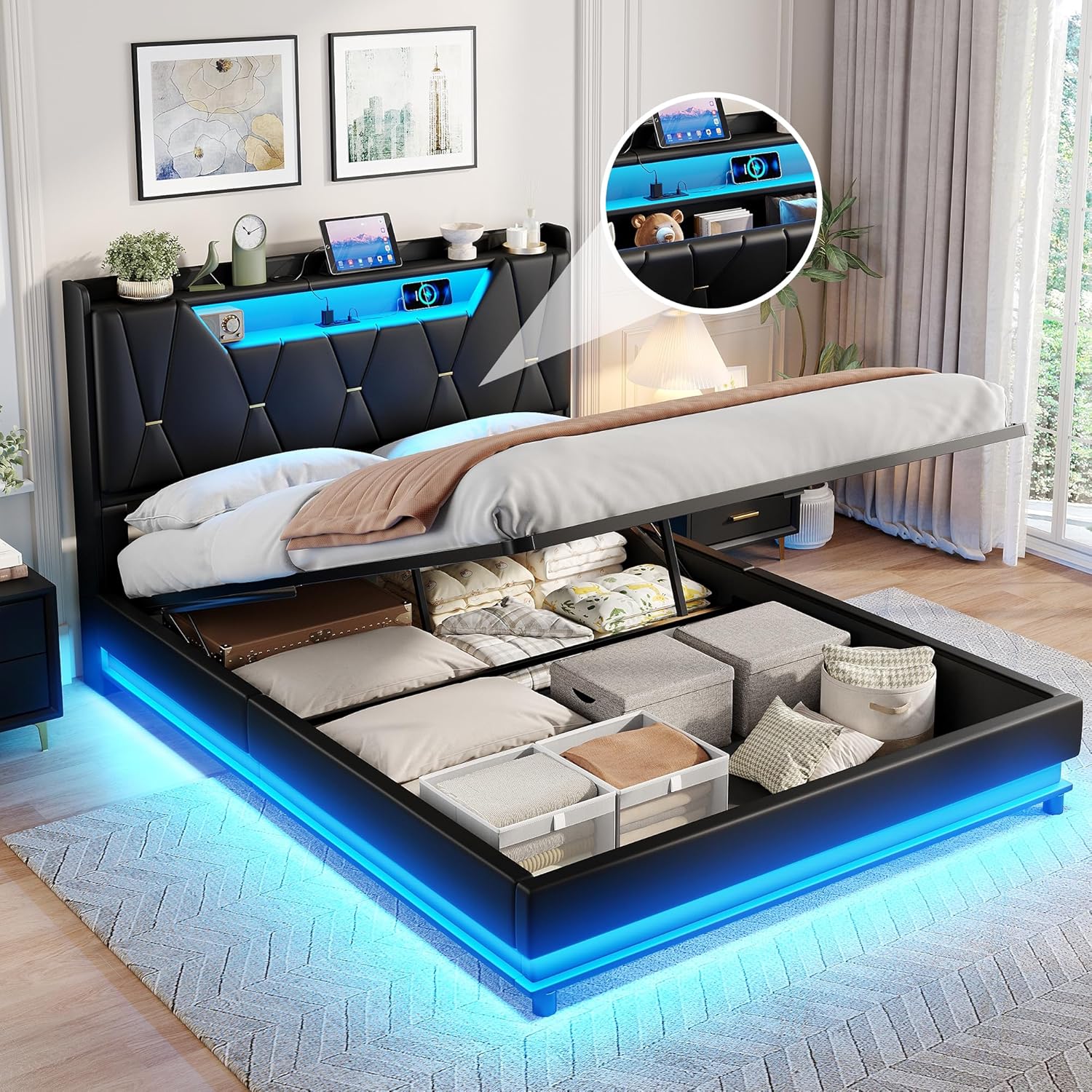 Vabches Queen Size Lift Up Storage Bed Frame, Storage Headboard, Charging Station, LED Lights Upholstered Platform Bed, No Box Spring Needed, Noise-Free, Black