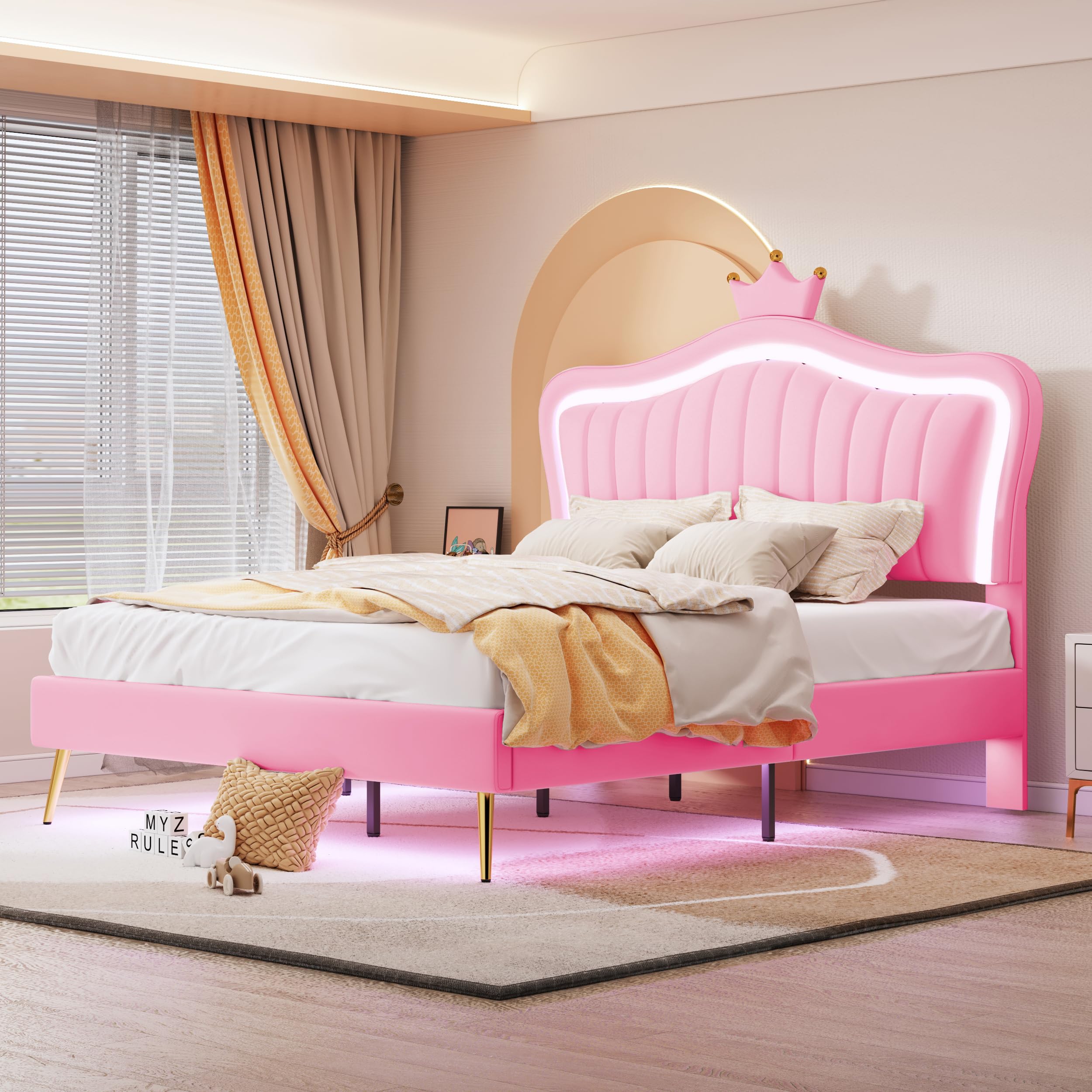 Cama infantil tapizada, marco de cama para niñas, marco de cama doble de piel sintética con luces LED, somier de láminas y respaldo (colchón no incluido) (rosa, 140 x 200 cm)