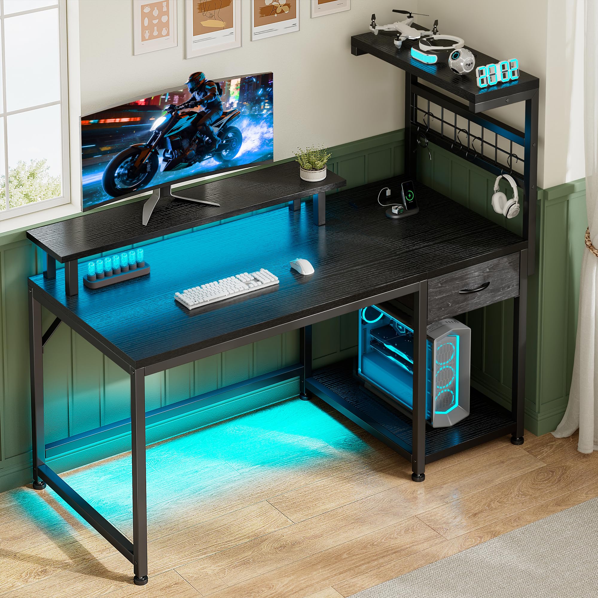 EnHomee 40" Gaming Desk with Power Outlets & LED Lights, Computer Desk with Drawer & Storage Shelve, Home Office Desk with Monitor Stand for Living