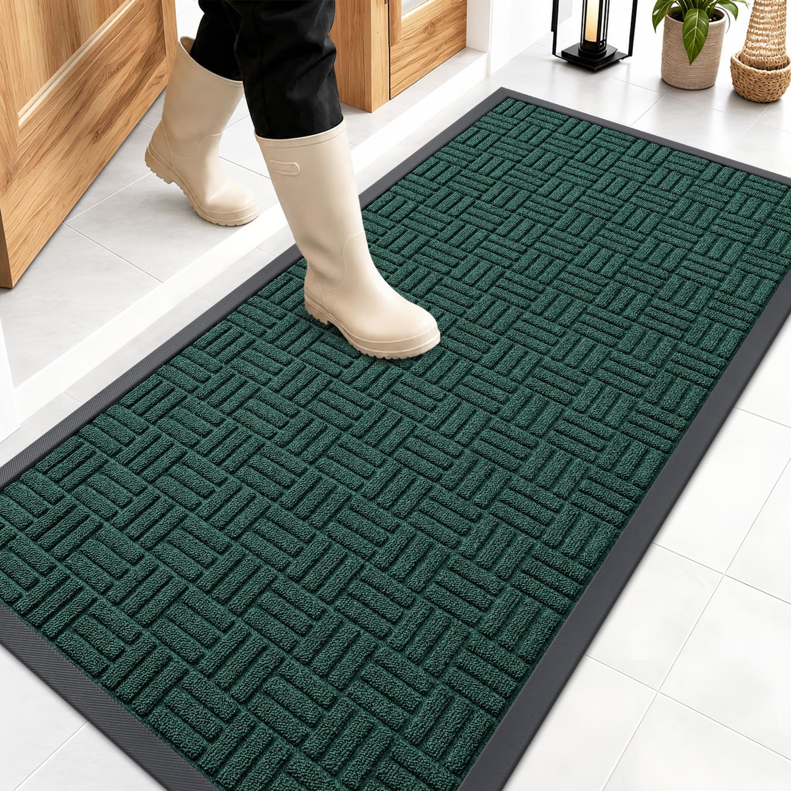 OLANLY Front Door Mat Outside Entrance 47x23, Heavy-Duty Rubber Doormat | Black Green, Stain and Fade Resistant, Non-Slip Backing, Low-Profile Indoor Outdoor Floor Mat for Entryway, Easy to Clean