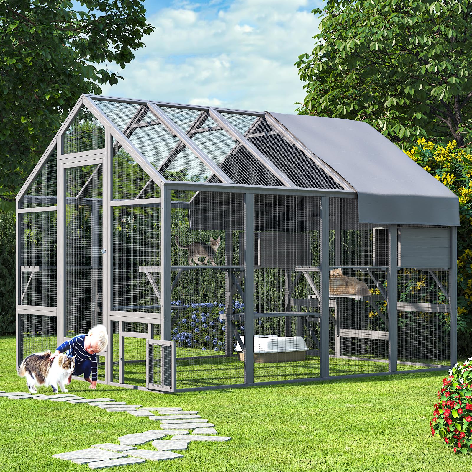 Catio Outdoor Cat Enclosure, Large Cat Catio for Multiple Cats with 7 Platforms, 2 Resting Box and 2 Bridges, Wooden Cat House Cage with Waterproof and UV Proof Cover, 71 x 71 x 97 inch