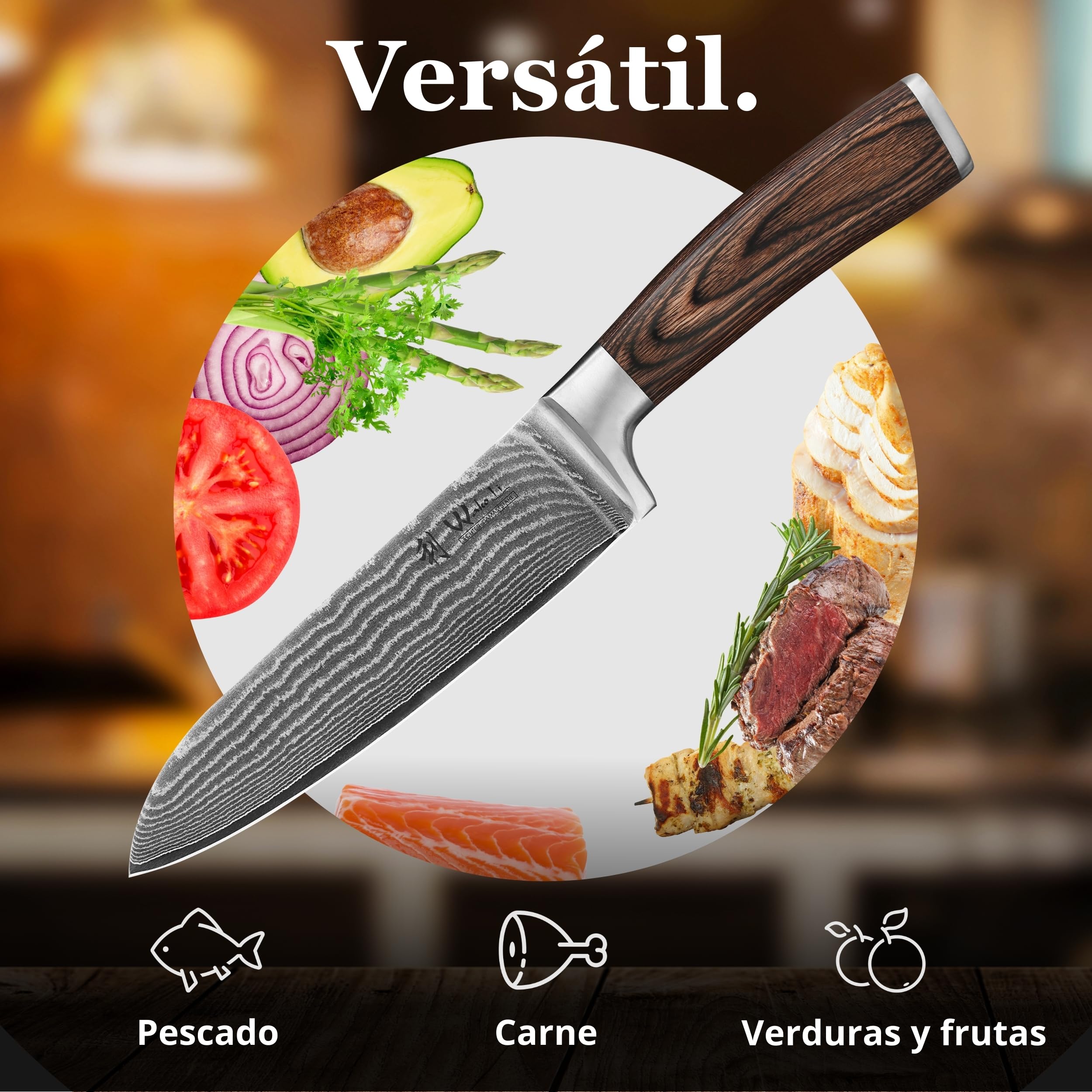 WAKOLI EDIB cuchillo Santoku de 17 cm en acero de damasco de 67 capas con núcleo VG10, mango de madera Pakka, para carne, pescado y verduras, con caja de regalo