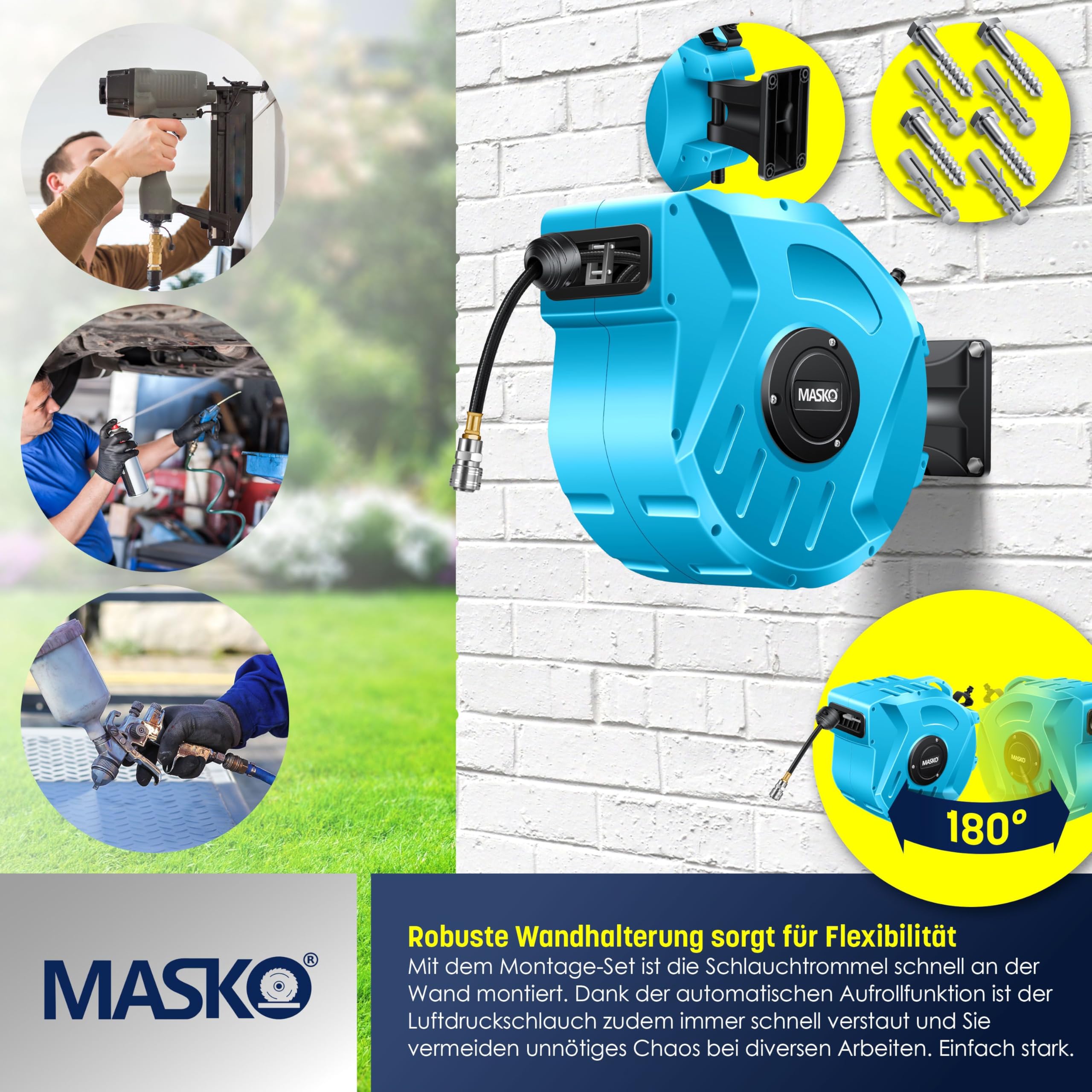 MASKO® Automatik Druckluftschlauch Aufroller 20m – Schlauchtrommel mit 1/4" Anschluss, Schlauchaufroller, Wandhalterung, Tragegriff, 180° schwenkbar, Schlauchbremse, vormontiert/sofort einsatzbereit