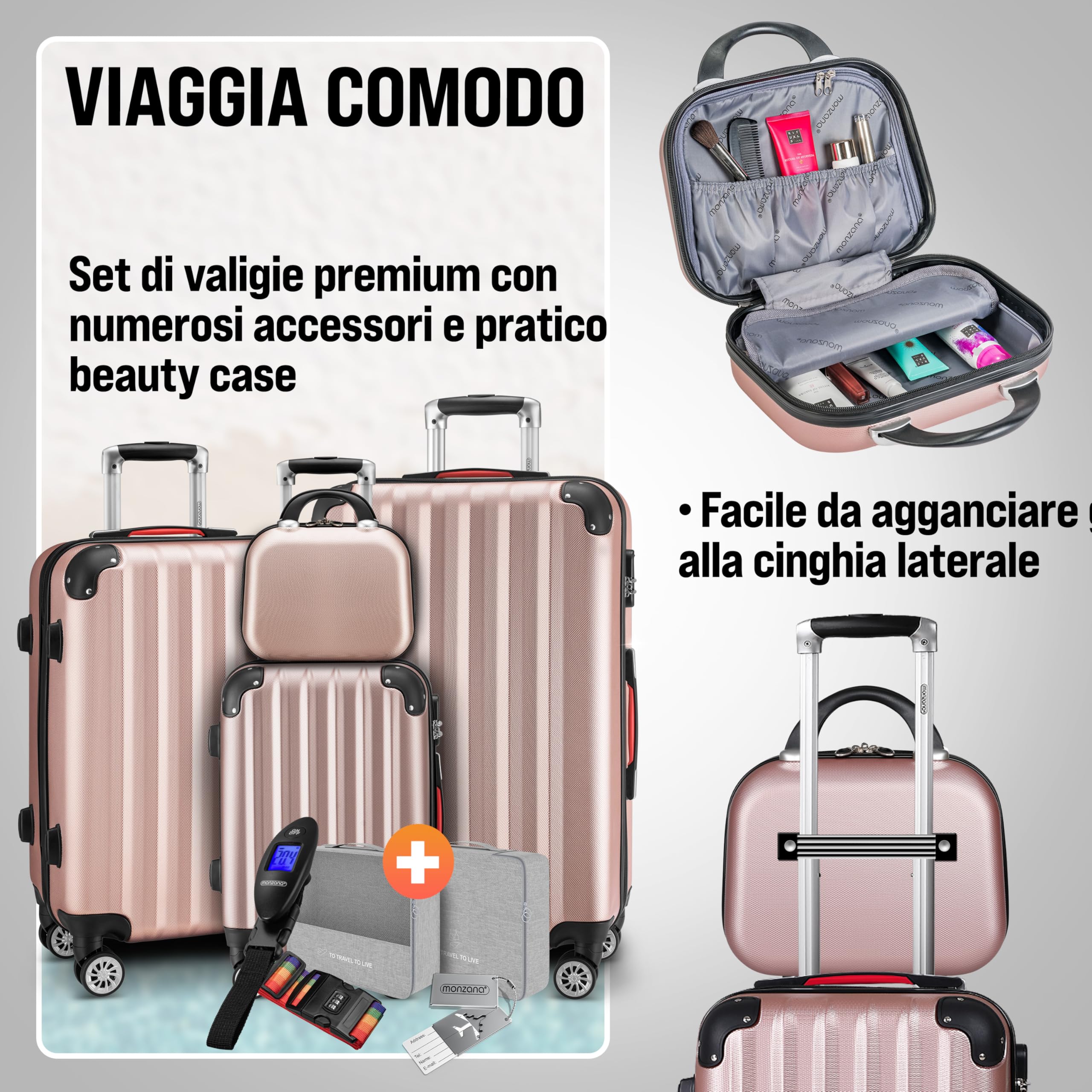 Monzana Set Valigie Rigide 4pz con Beauty Case incl. Lucchetto Organizer Bilancia Trolley Bagaglio Rosa