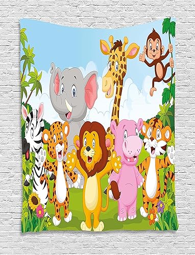 Ambesonne Tapiz de dibujos animados, animales de sabana cómic, divertidos, sabana, selva, vida silvestre, naturaleza, para colgar en la pared para