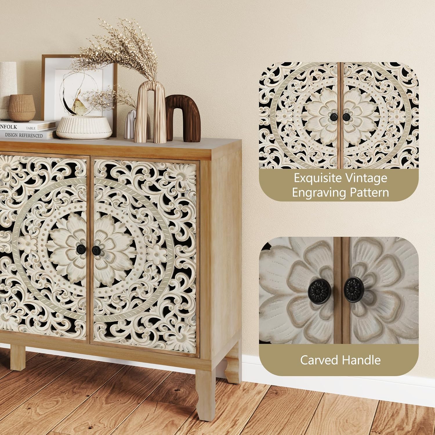 Buffet Cabinet with Storage, 4 Carved Doors Accent Cabinet, Solid Wood Buffet Sideboard with Adjustable Shelf, Vintage Cabinets for Kitchen, Living Room, Entryway, Natural&White