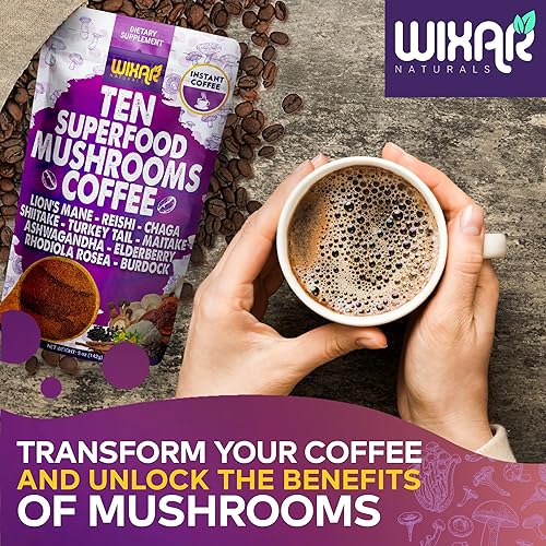 Miniatura 7 de WIXAR Superfood - Café de hongos, café instantáneo en polvo, diez extractos de superalimentos con melena de león, cola de pavo, Reishi, Chaga,