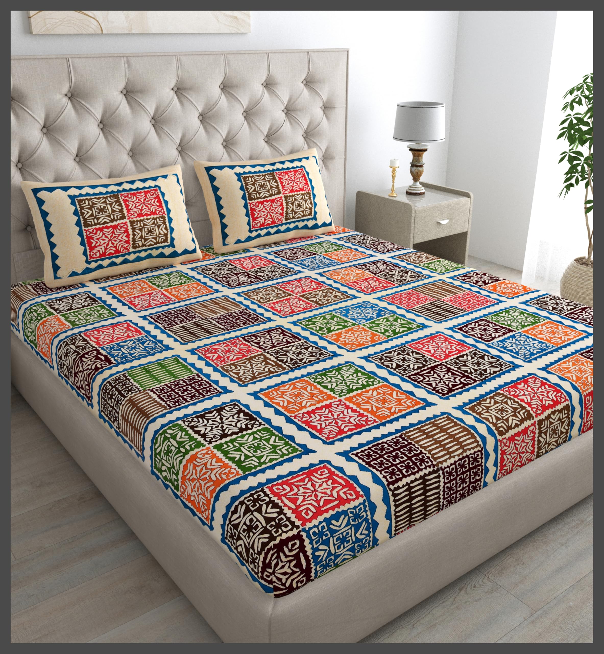 JAIPUR PRINTS 100% Cotton Bedsheet with 2 Pillow Covers, Multicolor Patchwork Design, Double Bed, Geometric Pattern, 3 Piece Set-image-8