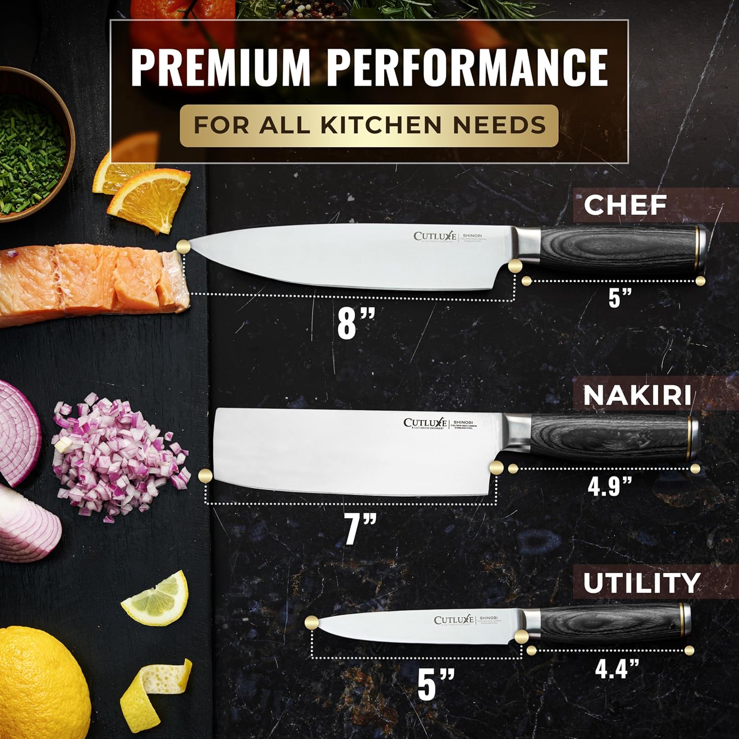Cutluxe 3-Piece Chef Knife Set – Ultra Sharp Japanese Kitchen Knives, High Carbon Stainless Steel Blades, Full Tang Pakkawood Handles – Shinobi Series - Image 3