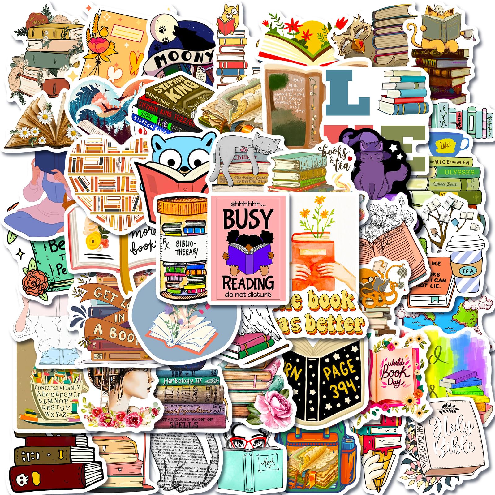 Books Stickers for Laptop (50 PCS),Gift for Children Teens Adults Girl Boys,Waterproof Stickers for Water Bottle,Reading Vinyl Stickers for Scrapbook,Skateboard,Bike,Phone,Dairy