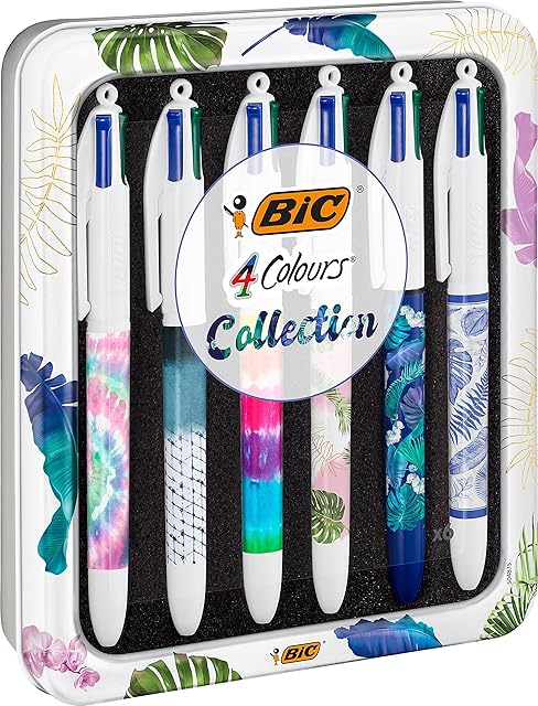 BIC 4 Colors Decors Messages or Botanical Collection and Tie & Dye - Ballpoint Pens Medium Point (1.0 mm) - Random Assorted Designs, Reusable Box of 6